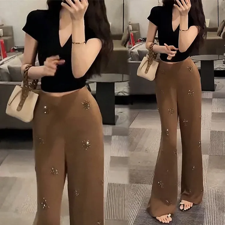 2025夏季韩系纯色V领短袖T恤上衣显瘦百搭重工钉钻阔腿裤气质套装