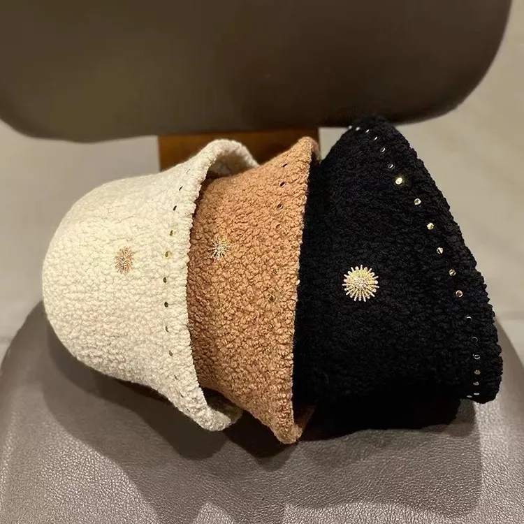 秋冬毛绒韩版渔夫帽时尚铆钉星星水钻盆帽加厚保暖羊羔毛水桶帽