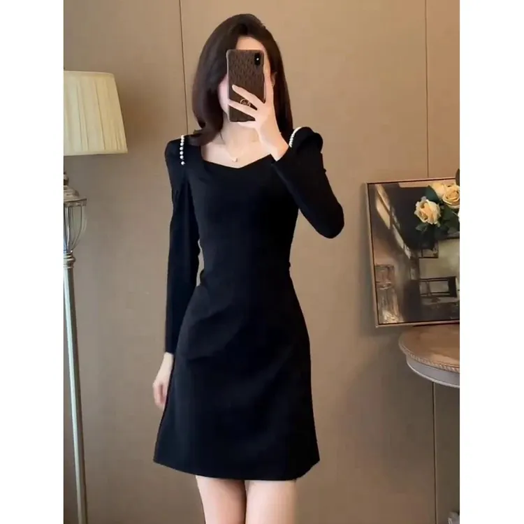 感女修身显瘦赫本小黑裙气质长袖御姐轻熟风小个子连衣裙春秋
