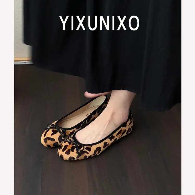 羊皮版~真皮法式平底豹纹蝴蝶结一脚蹬浅口单鞋女圆头晚晚鞋瓢鞋