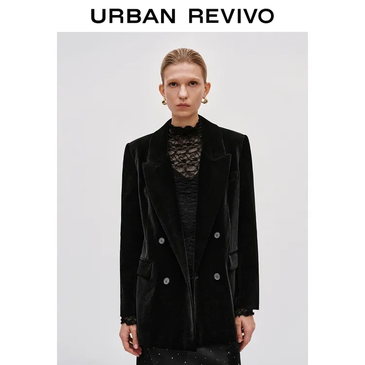 UR2025冬季新款女装魅力气质丝绒双排扣口袋西装UWG150160