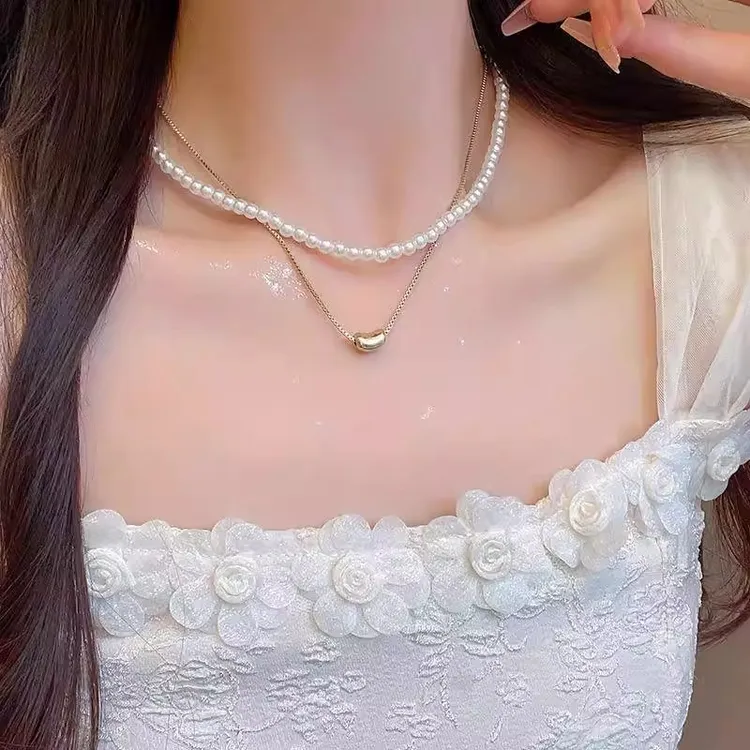 合金项链 双层珠珠项链女轻奢小众百搭高级感叠戴锁骨链颈链配饰 