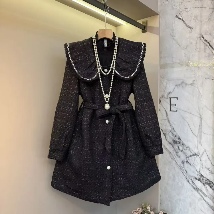 2025秋冬韩版名媛风洋气小香风娃娃领时尚显瘦中长风衣外套8807