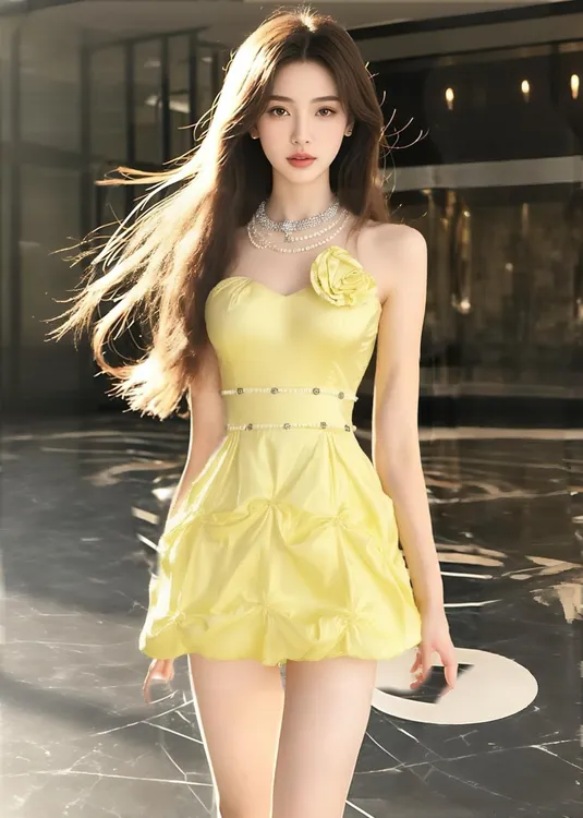 新款辣妹风黄色桃心领抹胸收腰短袖连衣裙女小众设计时尚高级感