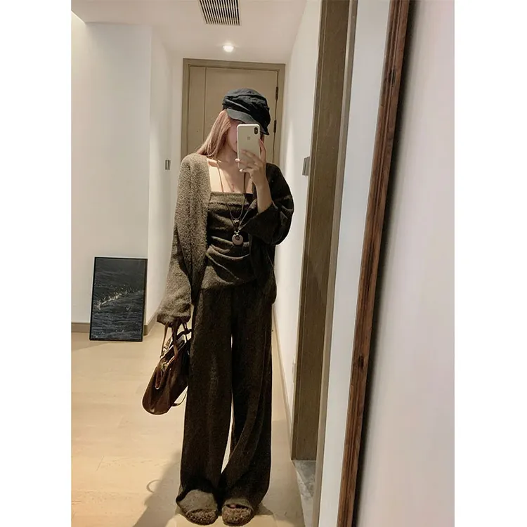 早秋季新款修身显瘦设计感韩系抹胸内搭开衫上衣阔腿长裤三件套女