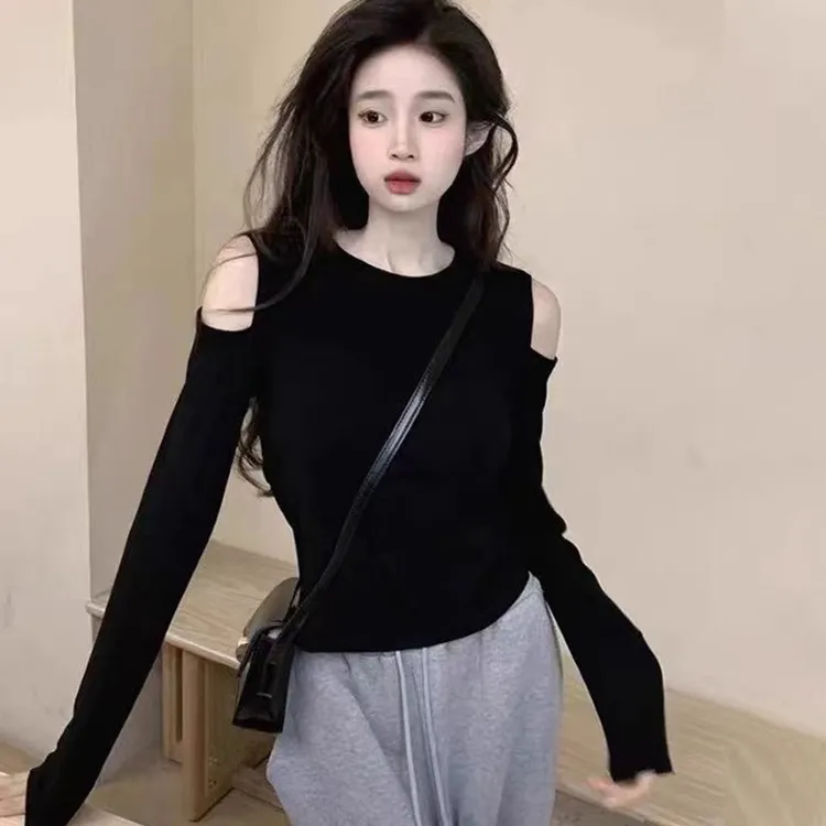 黑色打底衫女内搭长袖T恤女2025新款洋气内搭露肩设计小个子上衣
