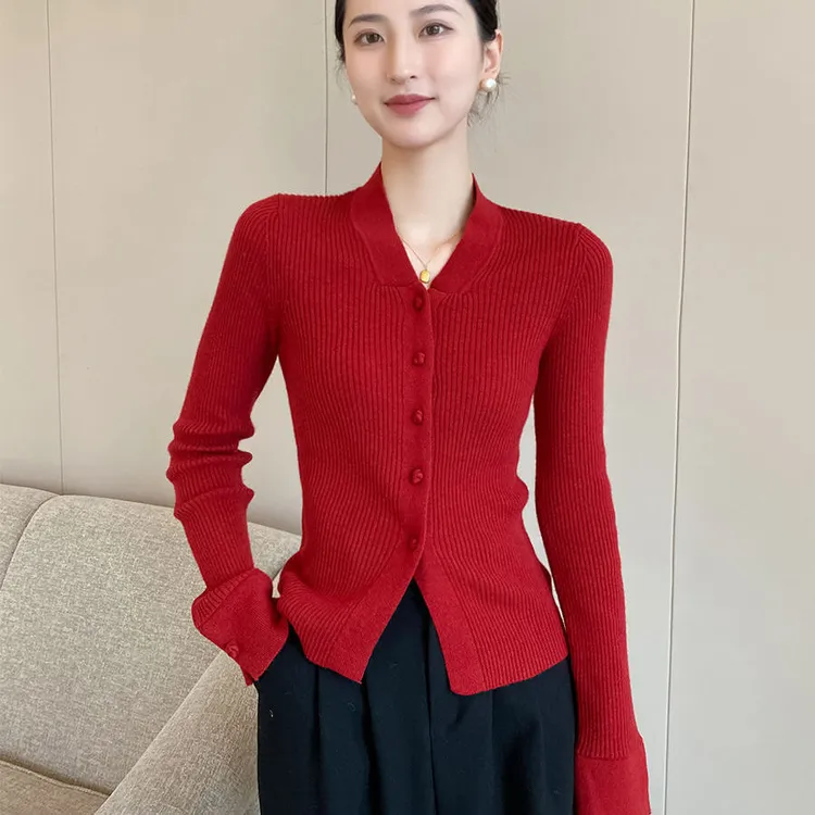 SS2202红色复古V领长袖针织开衫女早秋2025新款修身时尚毛衣外套