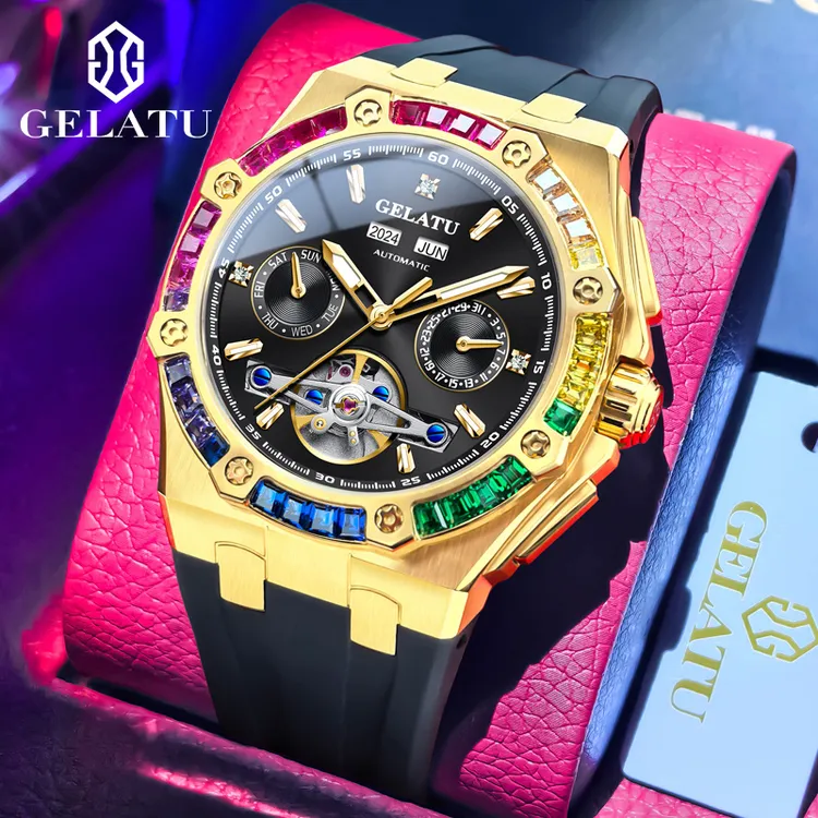 格拉图「彩虹满天星」全自动飞轮机械手表男士防水双日历男潮流腕表