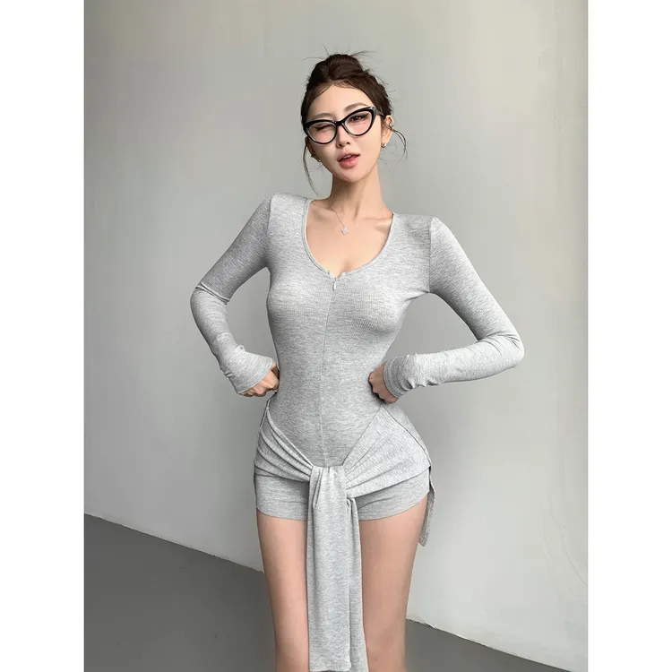 美式辣妹连帽休闲连体裤女显瘦外穿健身服紧身高腰长袖瑜伽连体衣