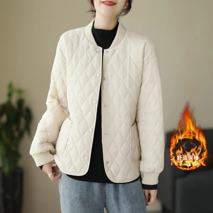 秋冬款大码宽松轻便棉服夹棉菱格外套保暖棉袄女士外穿洋气外套