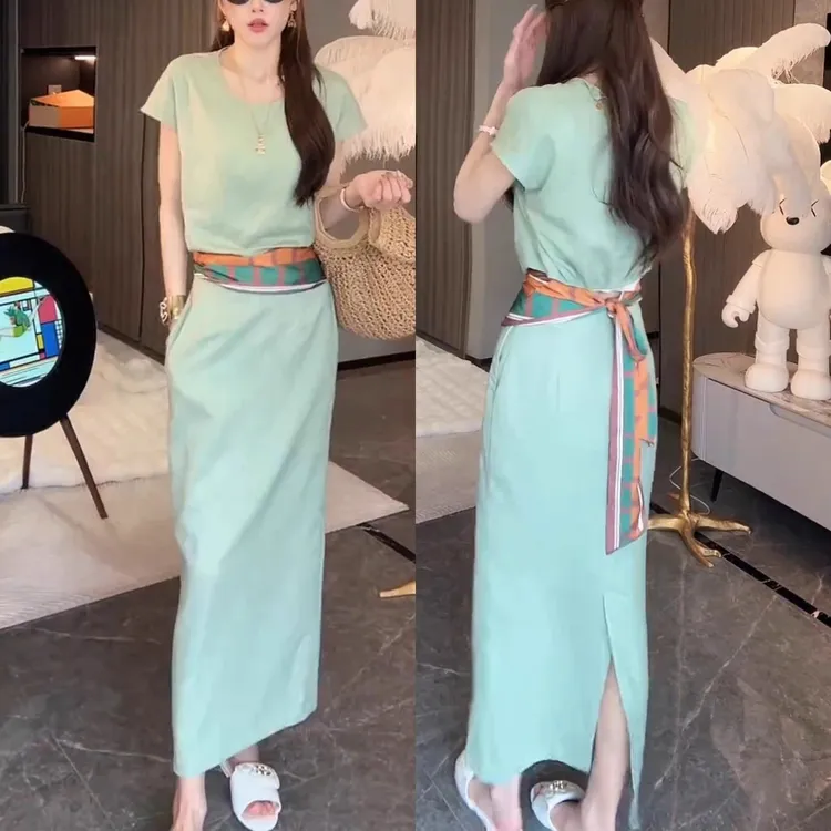 时尚气质休闲拼接丝巾设计上衣半身裙女2025夏季新款显瘦两件套装