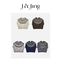 J&Jing-「琥珀夕阳」-费尔岛提花宽松百搭显瘦毛衣开衫外套JQQ7003