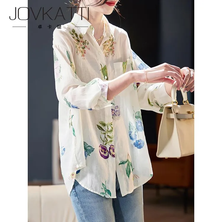 JovkattiOL气质长袖印花衬衫2025夏季新款文艺百搭休闲衬衣女