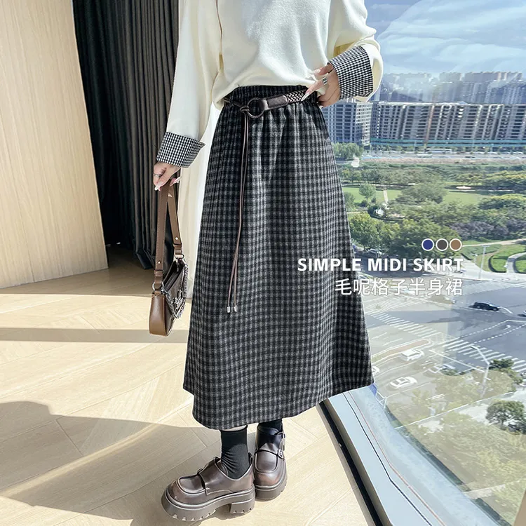 jyk25211复古毛呢格子半身裙2025秋冬松紧腰百搭A字中长款直筒裙