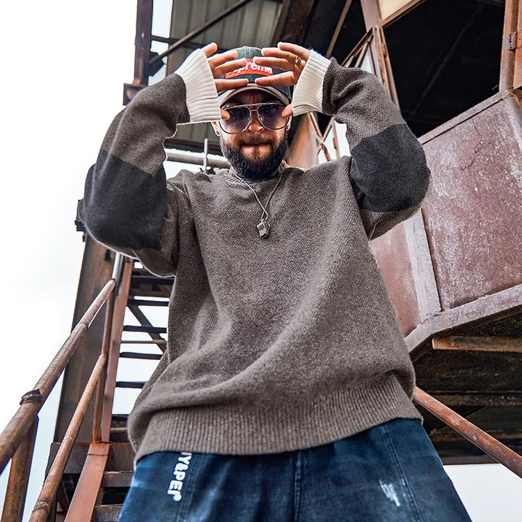 纺布者潮牌男装大码毛衣加肥加大潮流拼接圆领针织衫胖男大码毛衣