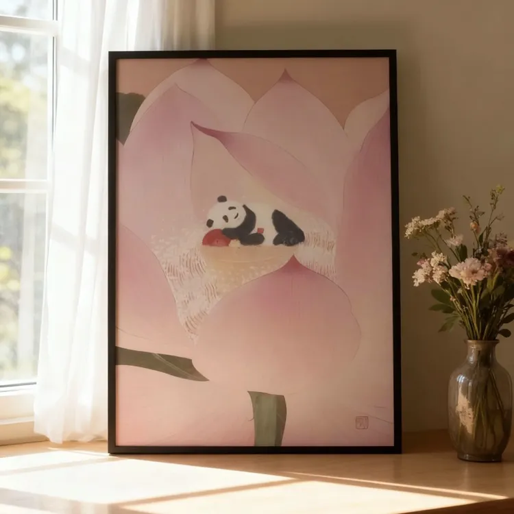 原创国风熊猫花花主题客厅卧室简约装饰画高清艺术微喷58×38cm