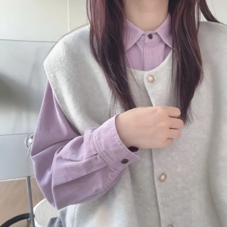 韩系通勤简约叠穿上衣两件套ins秋季新款灯芯绒衬衫搭配针织马甲
