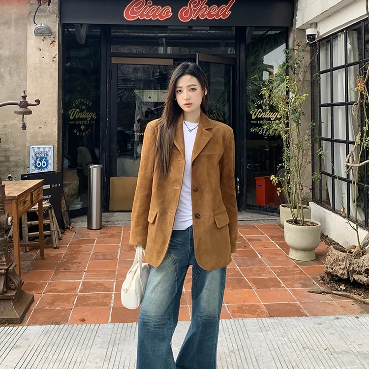 棕色西装外套女2025秋新款麂皮绒复古美拉德高级设计感小个子上衣