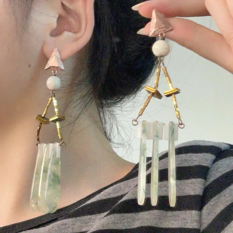 铜合金锆石耳饰 个性夸张三角形圆珠树脂流苏耳环欧美甜酷潮流高