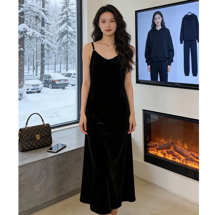 D999-3223 【玉珠】新款高端丝绒气质高级感吊带连衣裙女