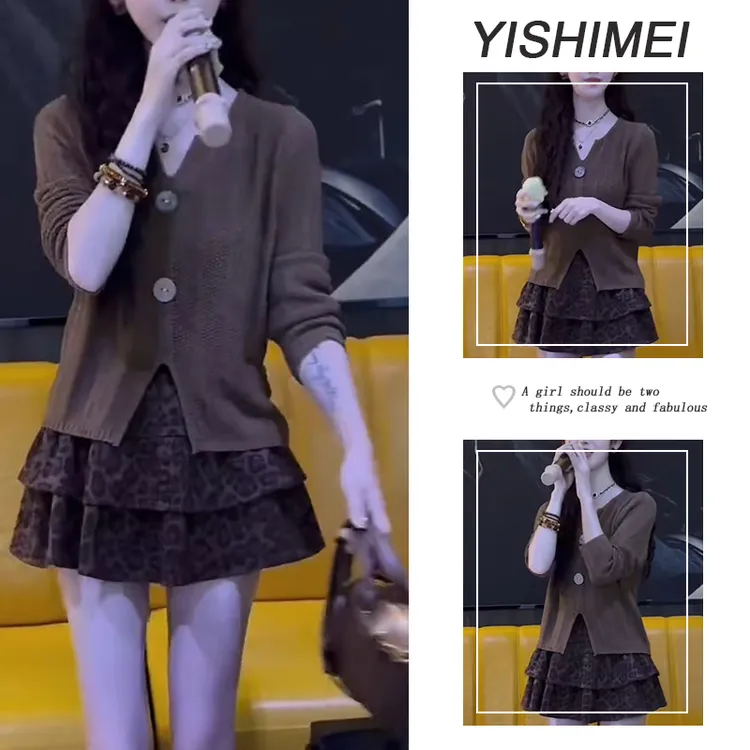 【现货】早秋时尚穿搭2025新款百搭气质针织上衣高腰豹纹短裙两件套