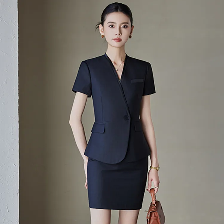 黑色夏季短袖西装套装女2025新款高端气质工装酒店前台工作服西服