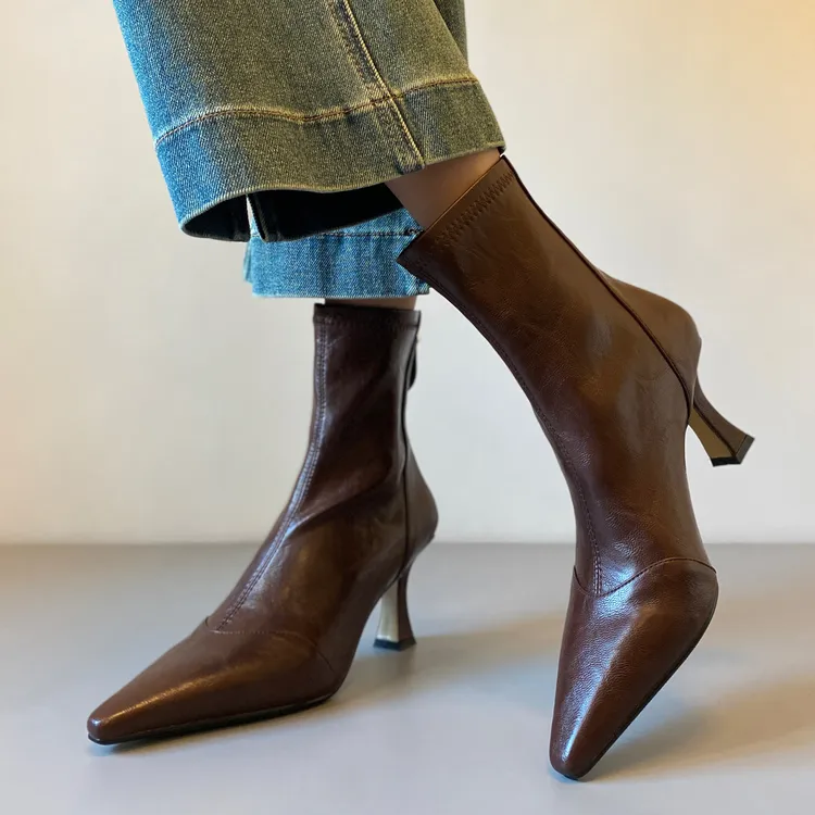 羊皮版~细跟尖头瘦瘦靴高跟2025秋冬拼接弹力靴细跟后拉链时装靴