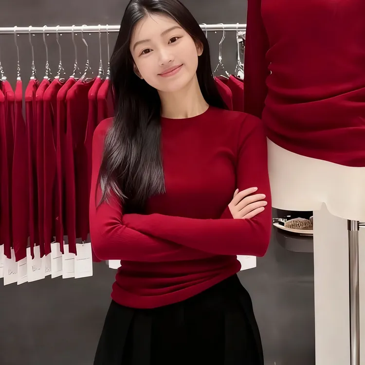 安哥拉红色圆领针织衫女内搭秋冬修身长袖时尚保暖毛衣打底衫上衣