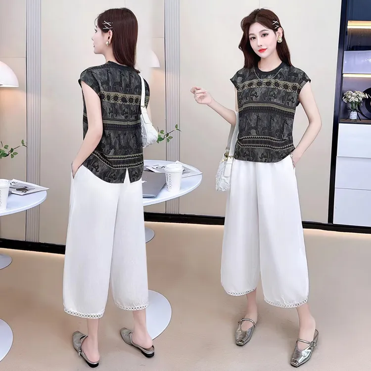 艾格时尚套装女2025夏季新款洋气减龄显瘦无袖上衣灯笼裤两件套潮