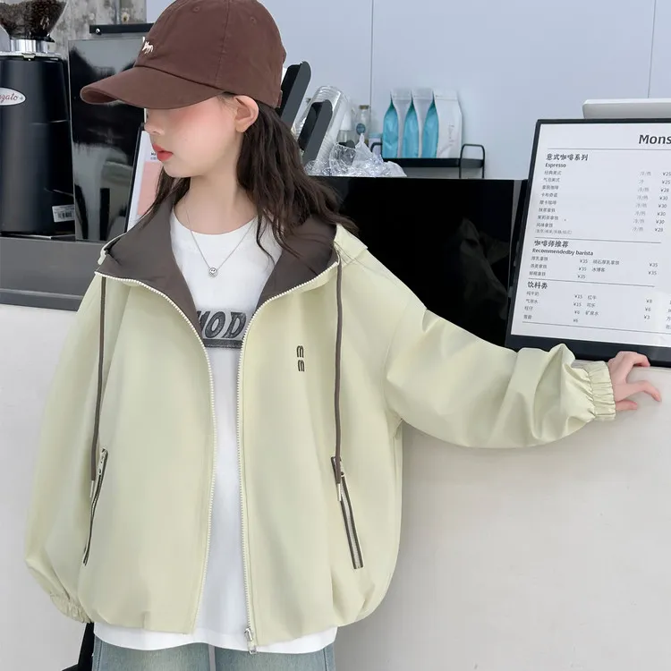 女童秋装两面穿外套2025新款洋气早秋款连帽上衣女孩冲锋衣户外服