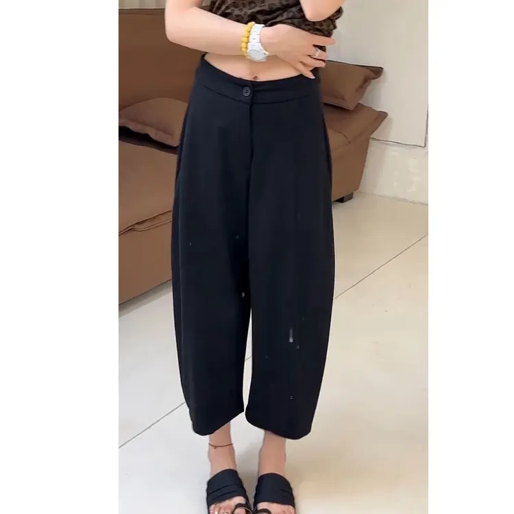 艾塔莉夏季女款高弹力休闲裤高腰显瘦弯刀裤宽松百搭纯色直筒裤子