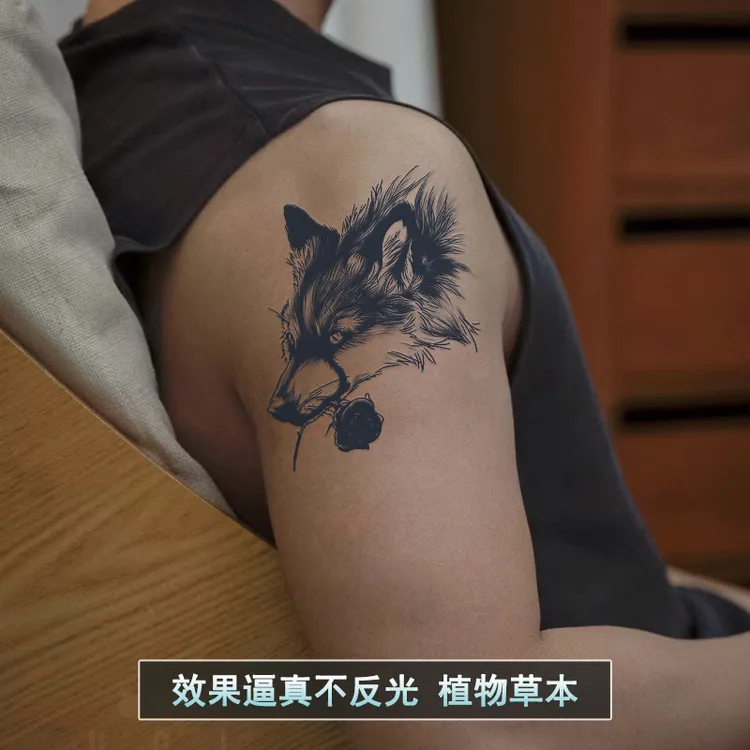狼玫瑰刺青不反光半永久草本纹身贴男防水持久手臂肩膀贴纸新款