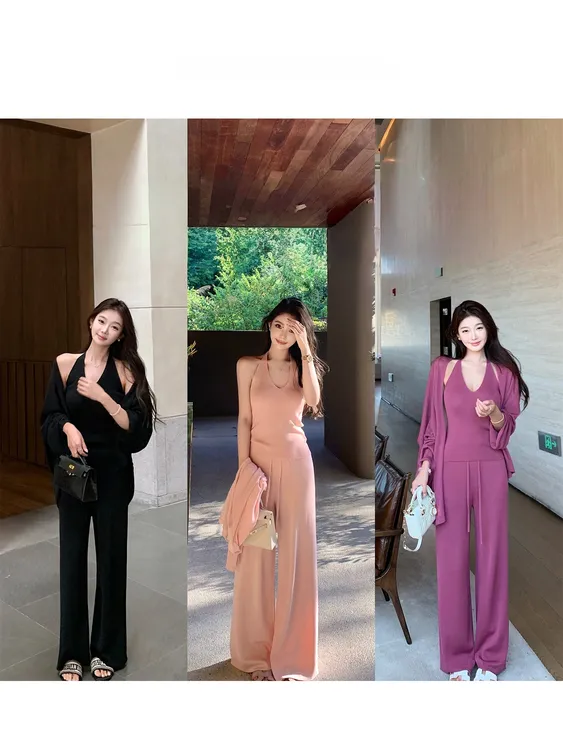 韩版套装慵懒风松弛感新款防晒开衫针织上衣内搭背心显瘦休闲裤女