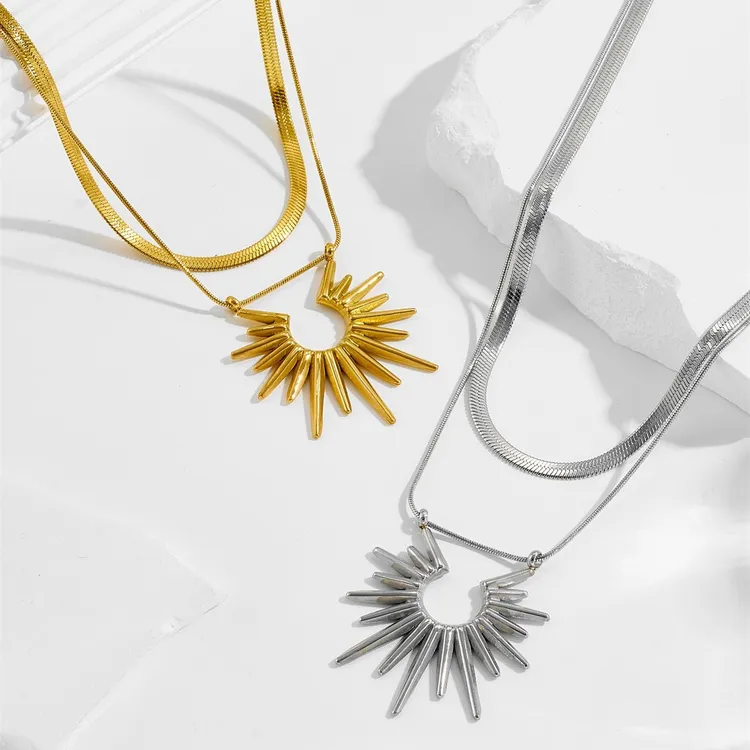 钛钢项链 欧美钛钢不掉色太阳花项链新款双层高级感金色饰品