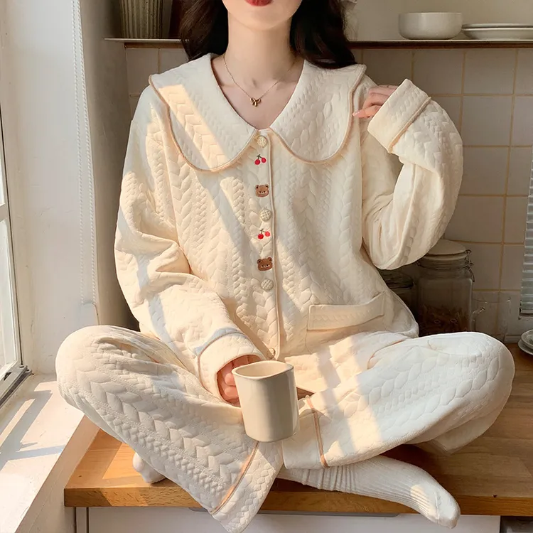 睡衣女秋冬季空气棉纯棉夹层春秋新款长袖加厚女士可爱居家服套装