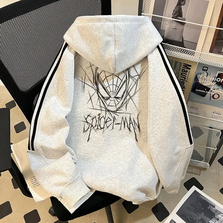 美式潮牌复古连帽卫衣男秋季hiphop高街痞帅硬挺廓形拉链拼接上衣
