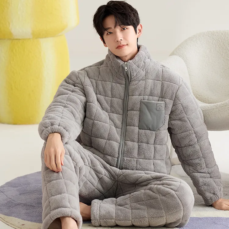 【2025新款】三层加厚夹棉保暖睡衣男士秋冬季珊瑚绒拉链加绒家居服