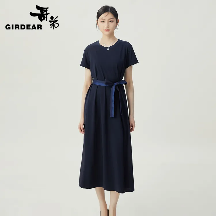 哥弟GIRDEAR新款轻奢显瘦洋气气质宽松直筒系带短袖连衣裙1500536