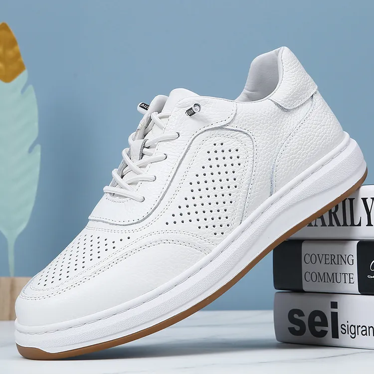 【免系带】软头层牛皮洞洞款小白鞋男士板鞋打孔款松紧带镂空懒人