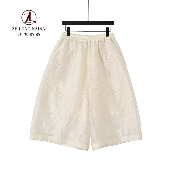 665凤尾花轻薄透气七分宽松夏季松紧腰提花裤