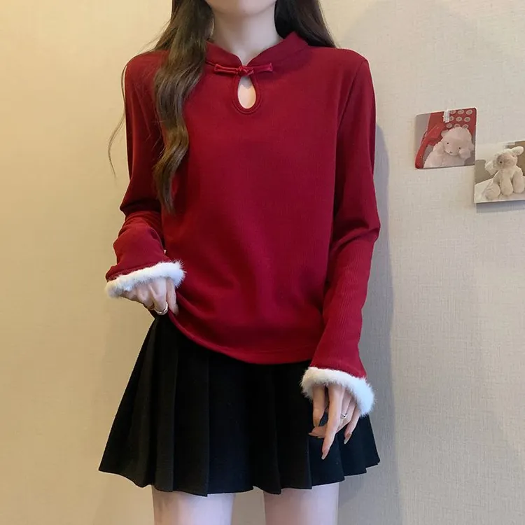 春秋大码胖mm新中式复古别致内搭T恤加厚保暖长袖过年打底上衣女