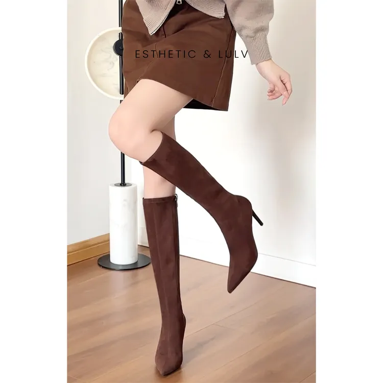 麂皮绒瘦腿尖头高跟长靴女冬不过膝长靴秋冬弹力长筒骑士靴女细跟