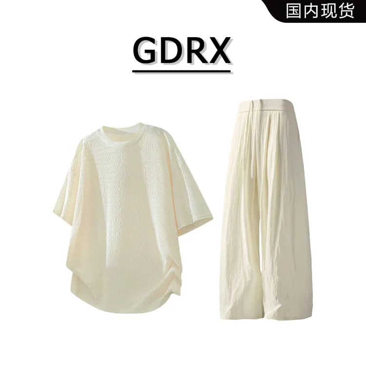 GDRX美式冰感短袖t恤套装男款夏季新款薄款休闲垂感直筒裤两件套