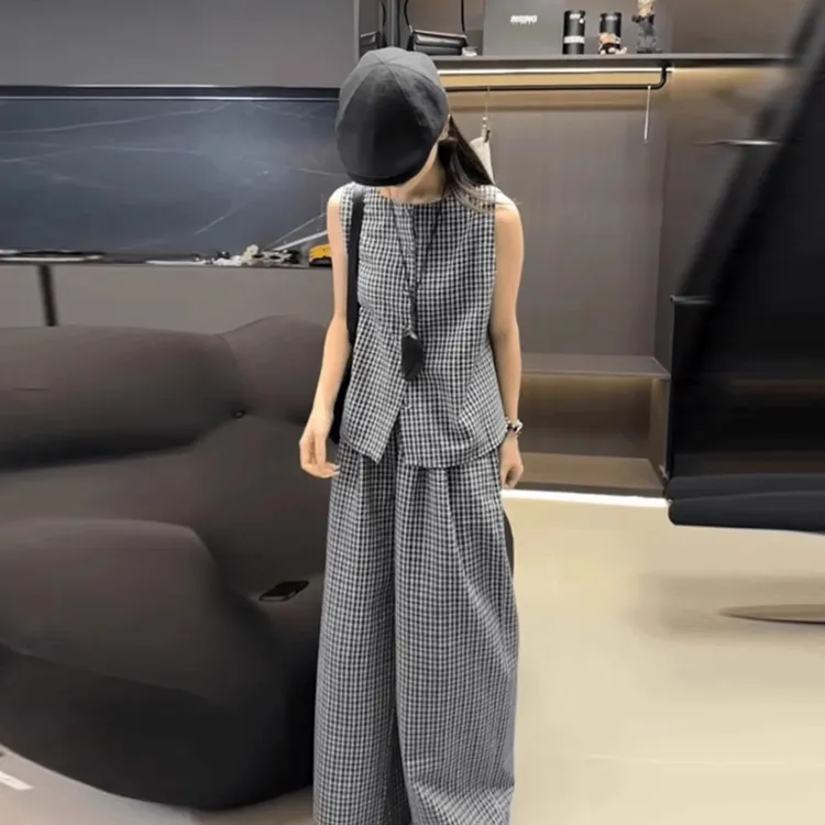 夏季清凉透气显瘦格子无袖衬衫阔腿裤套装高级洋气减龄时尚小香风
