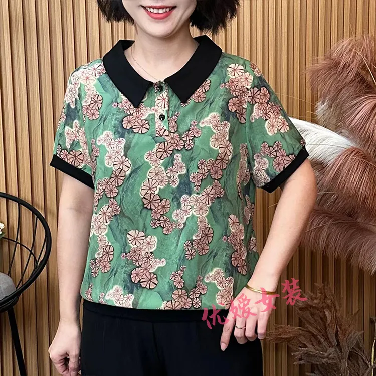 中老年女装夏季翻领花色印花薄款休闲宽松显瘦洋气妈妈装短袖上衣