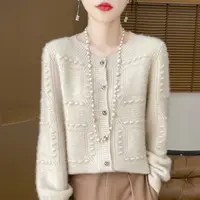 2025秋冬新款100%羊毛开衫大众女毛衣外套羊毛针织花边针织毛衣