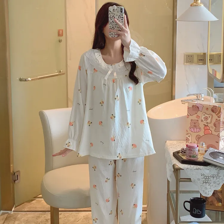 长袖睡衣女春秋季新款蕾丝花边夏天卡通小香风大码宽松家居服套装