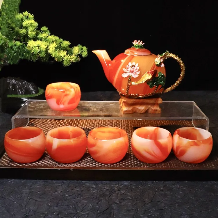 套装高档创意家用会客泡茶茶具珐琅彩手工镶嵌茶壶玛瑙红茶具整套