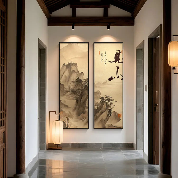 见山字画玄关双联挂画新中式茶室装饰画宋代美学书房客厅走廊壁画