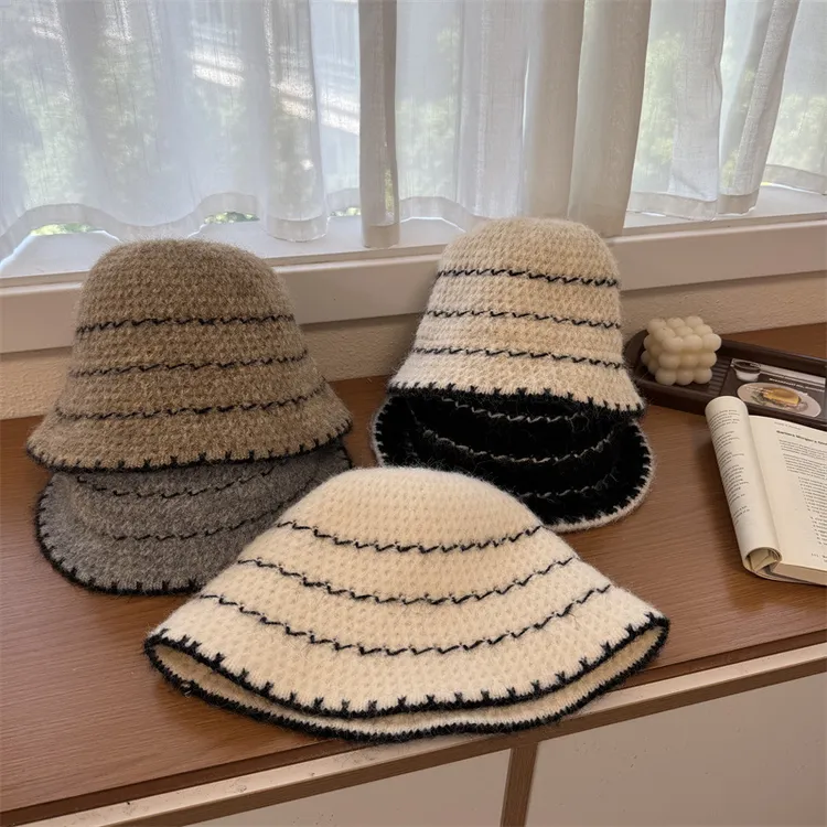 秋冬新款针织渔夫帽女条纹百搭显脸小护耳盆帽简约休闲毛线水桶帽